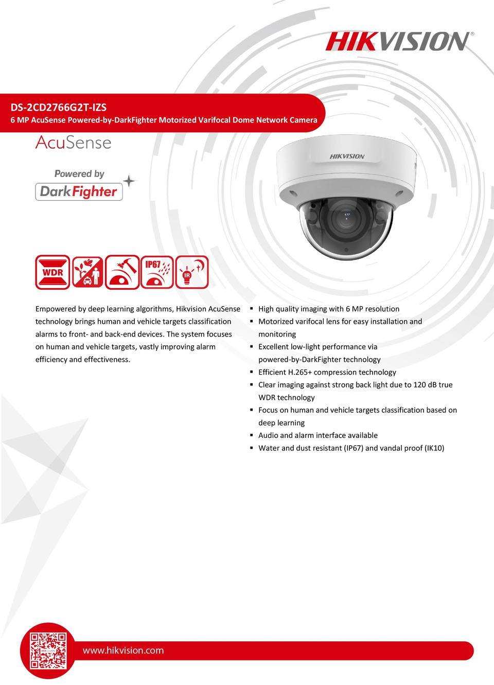 Hikvision DS-2CD2766G2T-IZS 6MP Gen2 Acusense IP Outdoor Dome Camera With 2.8-12mm Motorised Lens 0